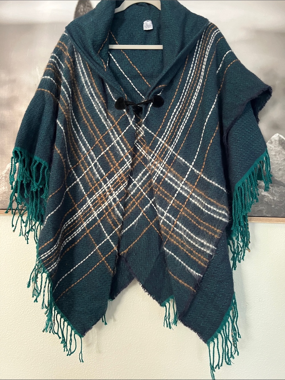 Green Plaid Fringe Hooded Poncho